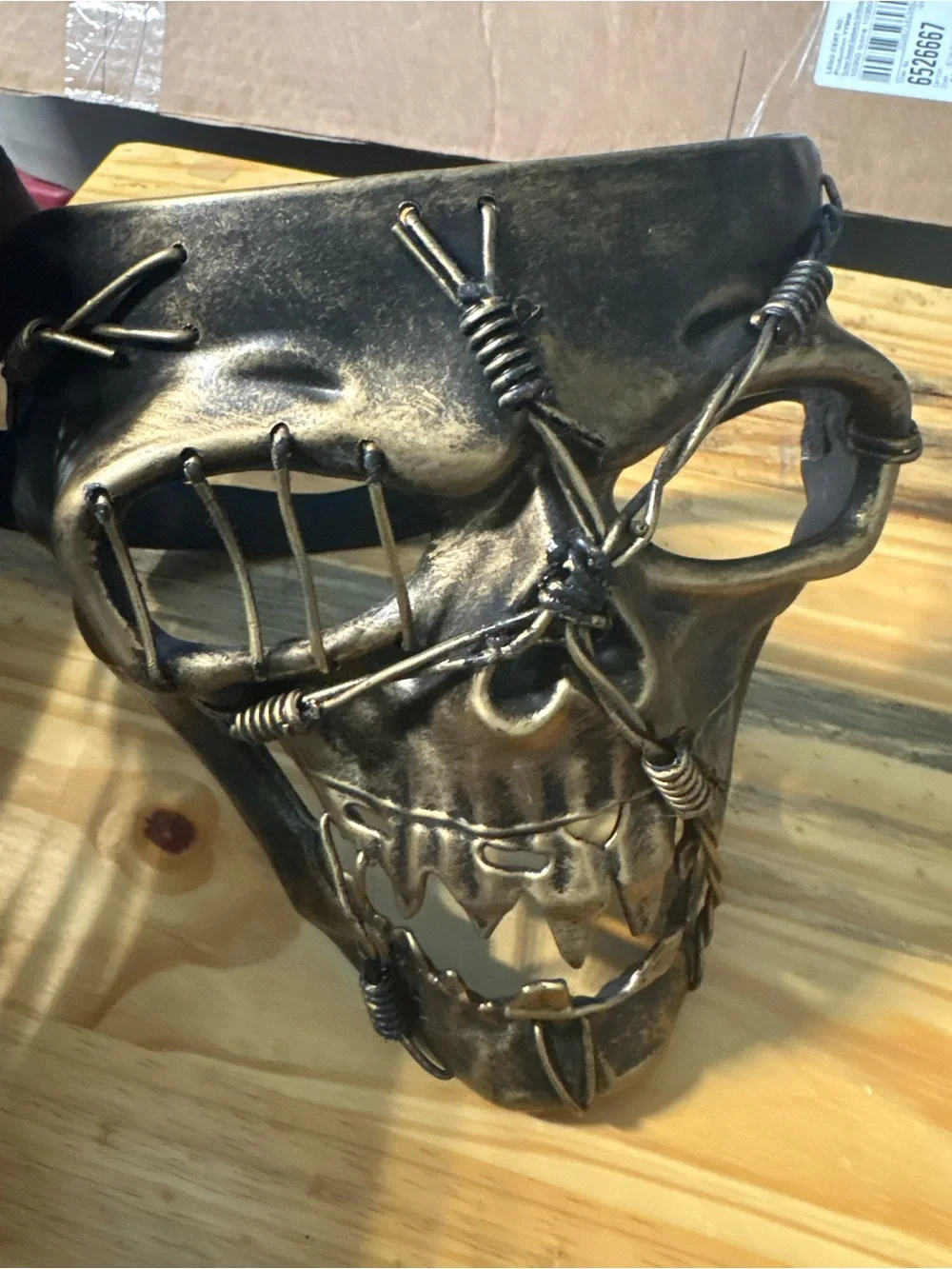 Distressed Metallic Skull Mask with Barbed Wire Detail - Antique Brass
